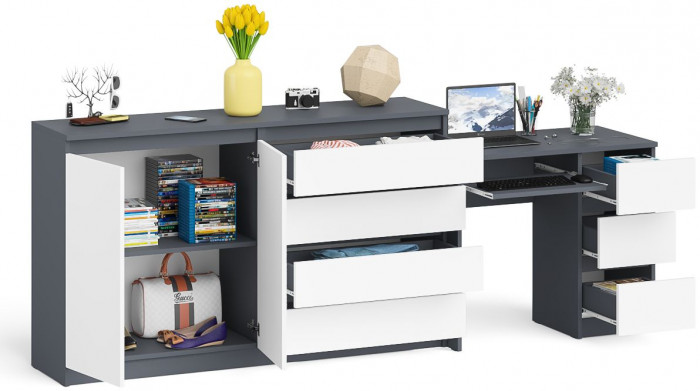 Мори компьютерный стол МС-6 правый + Комод МК1600.1, графит/белый