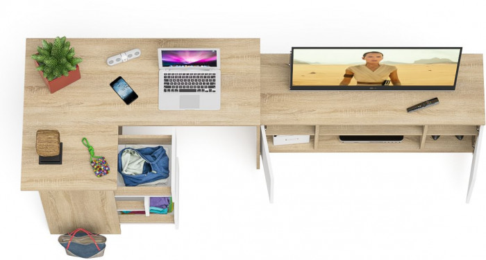 Мори Стол компьютерный МС-16 левый + Тумба МТВ1200.1, цвет дуб сонома/белый, ШхГхВ 244,8х84,9х76,6 см., выдвижные ящики слев, НЕ универсальная сборкаа