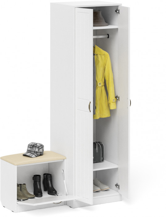 Прихожая П-6 Компоновка № 10, цвет белая шагрень/фасады МДФ белое дерево фрезеровка прованс, ШхГхВ 120х50х210 см., универсальная сборка