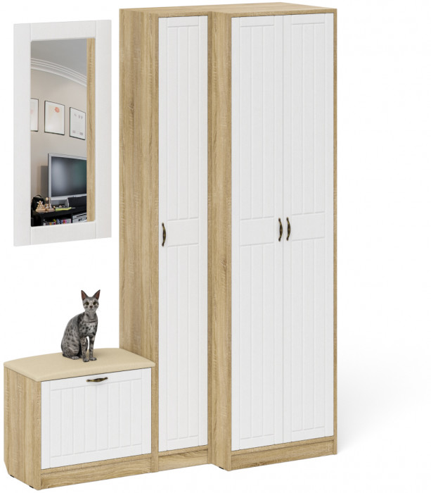 Прихожая П-6 Компоновка № 26, цвет дуб сонома/фасады МДФ белое дерево фрезеровка прованс, ШхГхВ 150х50х210 см., универсальная сборка