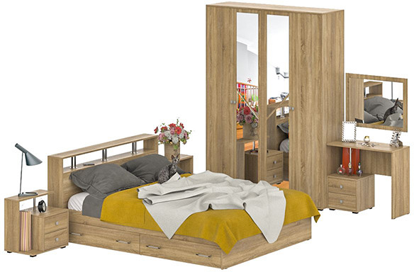 Камелия спальня № 9 Кровать с ящиками 1600 + Две тумбы + Стол космет. + Зеркало + Шкаф 4-х, дуб сонома