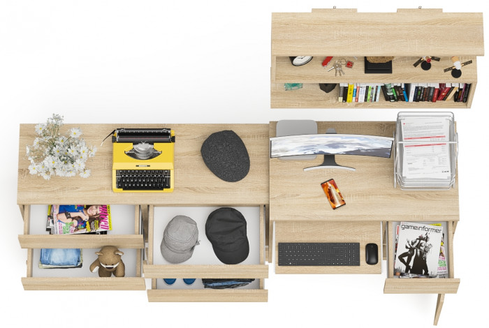 Мори компьютерный стол МС-1 правый + Комод МК1200.6 + Полка 900, дуб сонома