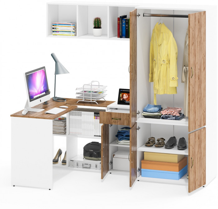 Лидер-8 Стол + Полка + Тумба МД 3.15 + Шкаф МД 19Б, цвет белый шагрень/крафт золото, ШхГхВ 285х50/37,5х75/190 или 115х200/50х75/190 см., НЕ ун. сб.