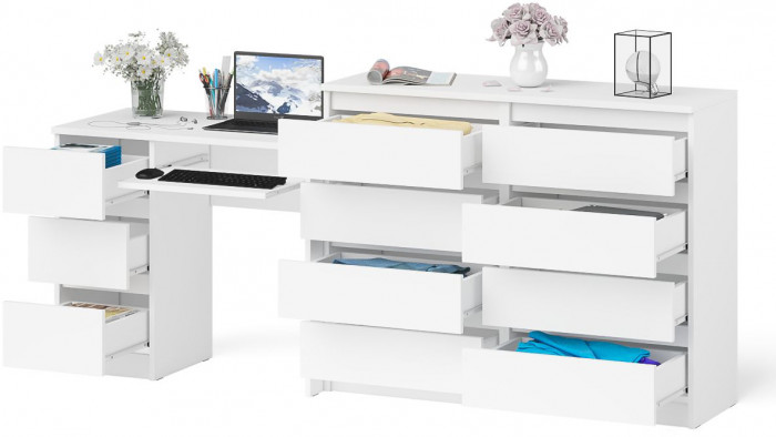 Мори Стол компьютерный МС-6 левый + Комод МК1200.8, цвет белый, ШхГхВ 210,4х50х94 см., выдвижные ящики слева, НЕ универсальная сборка