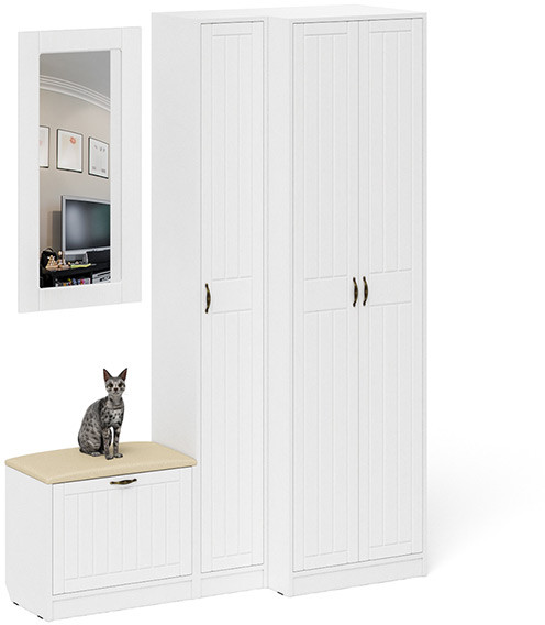 Прихожая П-6 Компоновка № 26, белая шагрень/фасады МДФ белое дерево фрезеровка прованс