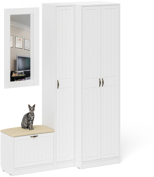 Прихожая П-6 Компоновка № 26, белая шагрень/фасады МДФ белое дерево фрезеровка прованс