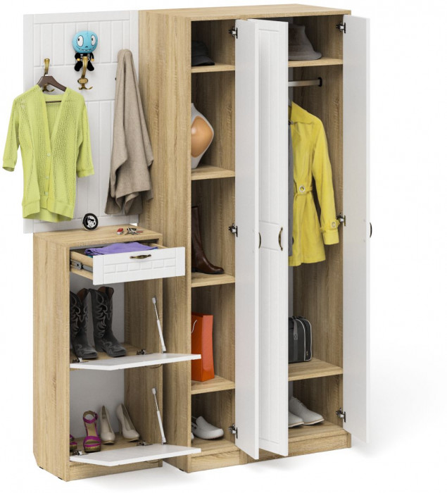 Прихожая П-6 Компоновка № 50, дуб сонома/фасады МДФ белое дерево фрезеровка прованс