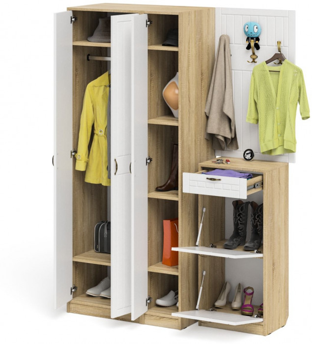 Прихожая П-6 Компоновка № 50, дуб сонома/фасады МДФ белое дерево фрезеровка прованс