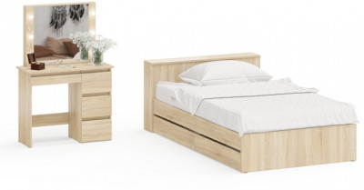 Ксения Кровать с ящиками 1200 + Стол косметический с подсветкой Сура, дуб сонома