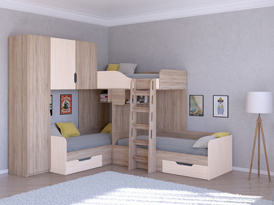 Трехместная кровать ТРИО/1 Сонома/Дуб молочный