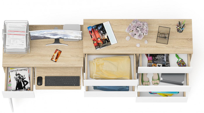 Мори компьютерный стол МС-1 левый + Комод МК1200.8, дуб сонома/белый