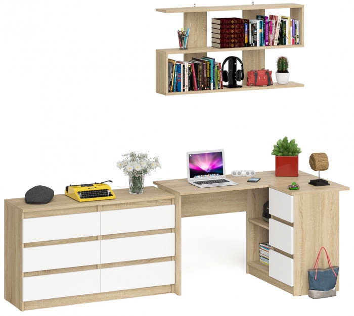 Мори компьютерный стол МС-16 правый + Комод МК1200.6 + Полка 1200, дуб сонома/белый