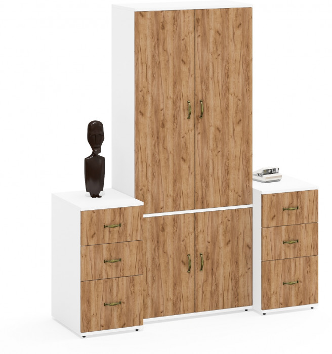 Лидер-8 Шкаф МД 20Б + Тумба МД 3.16 + Тумба МД 3.16, белый шагрень/крафт золото