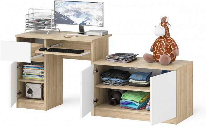 Мори компьютерный стол МС-1 левый + Тумба МА900.1, дуб сонома/белый