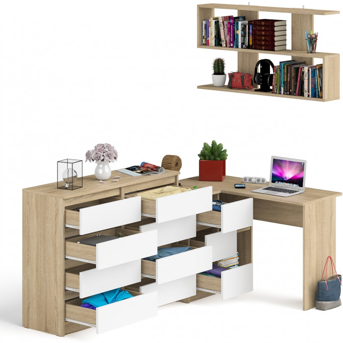 Мори компьютерный стол МС-16 левый + Комод МК1200.8 + Полка 1200, дуб сонома/белый