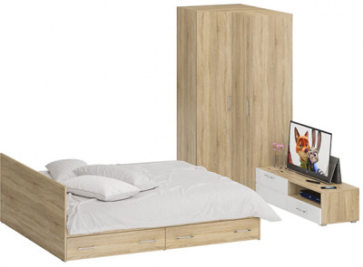 Спальня Стандарт 4-1800Я, дуб сонома/фасады ТВ тумбы МДФ белый глянец