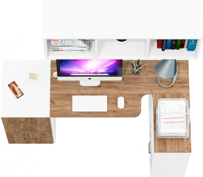 Лидер-8 Стол + Полка + Тумба МД 3.16, белый шагрень/крафт золото