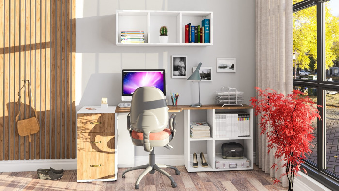 Лидер-8 Стол + Полка + Тумба МД 3.16, белый шагрень/крафт золото