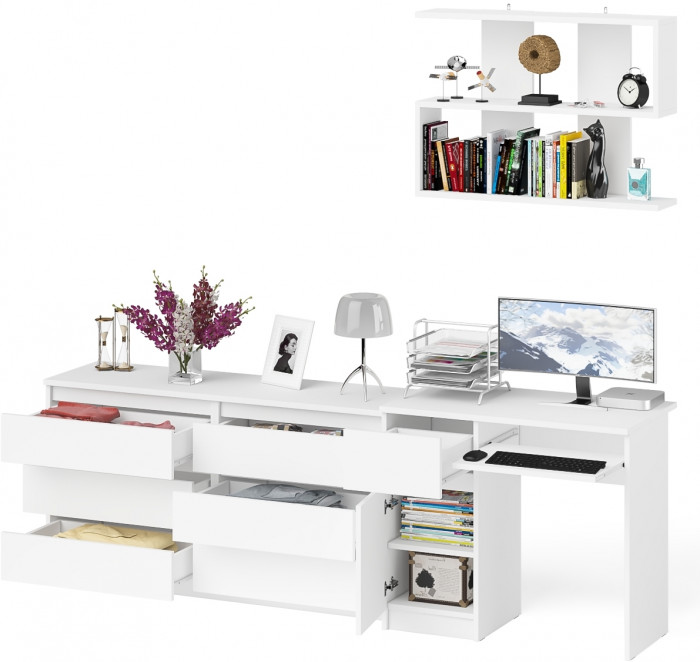 Мори компьютерный стол МС-1 левый + Комод МК1380.6 + Полка 900, белый