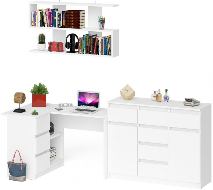 Мори компьютерный стол МС-16 левый + Комод МК1200.4 + Полка 1200, белый