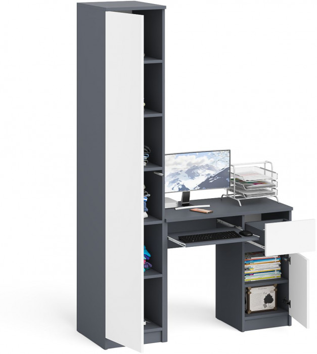 Мори Стол компьютерный МС-1 правый + Пенал МШ400.1, цвет графит/белый, ШхГхВ 130,4х50,4х209,6 см., выдвижной ящик справа, НЕ универсальная сборка