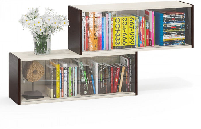 Две полки книжных С-МД-КН01, цвет венге/дуб, ШхГхВ размер каждой полки в отдельности: 83х25х30 см., стеклянные дверцы