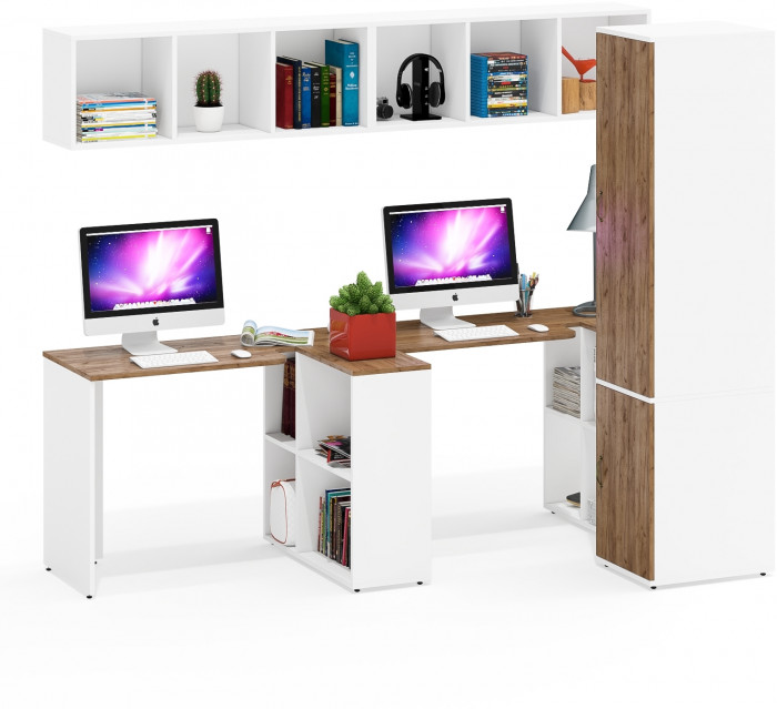 Лидер-8 Стол + Полка + Стол + Полка + Пенал МД 23Б, белый шагрень/крафт золото