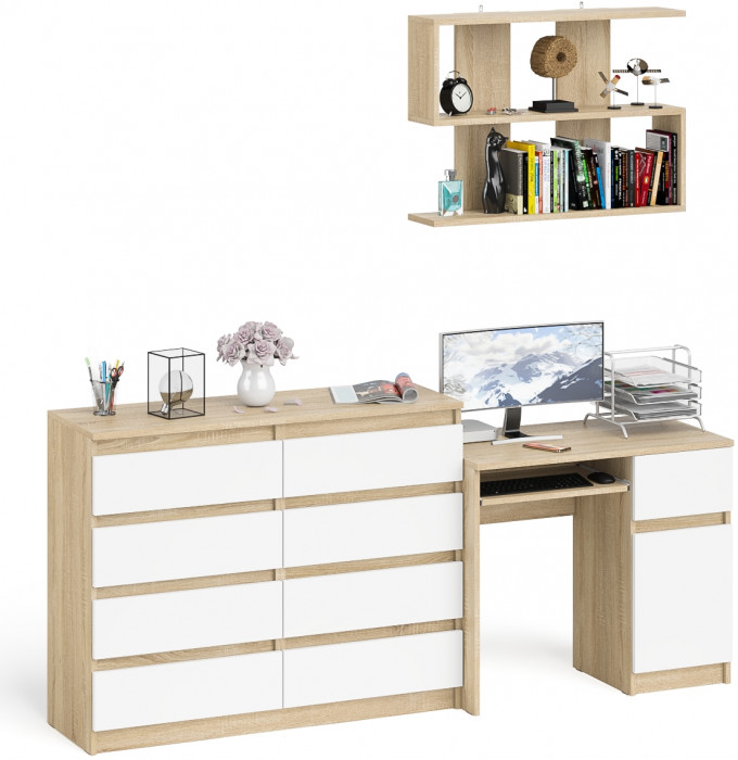 Мори компьютерный стол МС-1 правый + Комод МК1200.8 + Полка 900, дуб сонома/белый