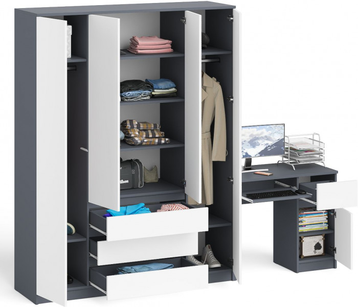 Мори Стол компьютерный МС-1 правый + Шкаф МШ1600.1, цвет графит/белый, ШхГхВ 250,4х50,4х209,6 см., выдвижной ящик справа, НЕ универсальная сборка