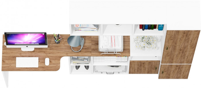 Лидер-8 Стол + Полка + Тумба МД 3.19 + Пенал МД 21Б, белый шагрень/крафт золото
