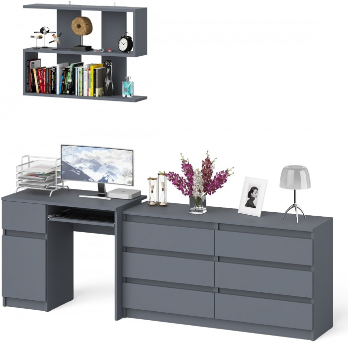 Мори компьютерный стол МС-1 левый + Комод МК1380.6 + Полка 900, графит