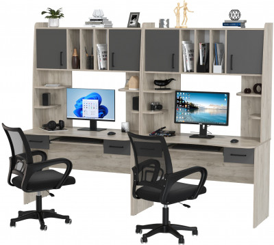 Два стола рабочих 6-0604 Бета + два кресла 103 чёрных, цвет дуб крафт серый/графит, ШхГхВ 240х60,5х183,5 см.