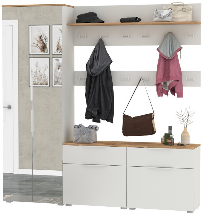 Октава Прихожая 32, белый шагрень/дуб крафт золотой/фасады МДФ белый шагрень