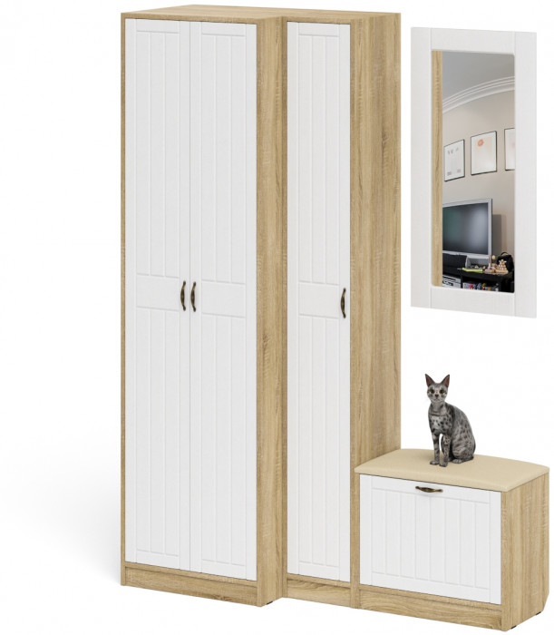 Прихожая П-6 Компоновка № 26, дуб сонома/фасады МДФ белое дерево фрезеровка прованс