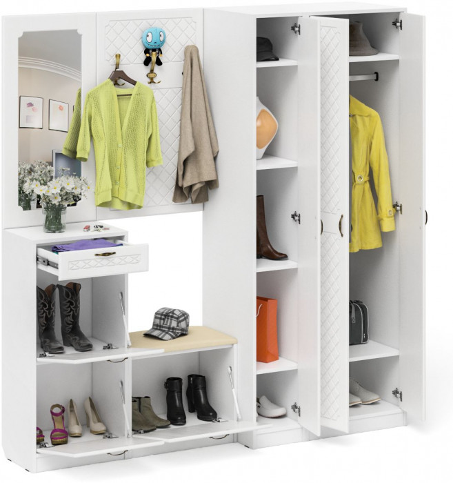 Прихожая П-6 Компоновка № 51, белая шагрень/фасады МДФ белое дерево фрезеровка ромб