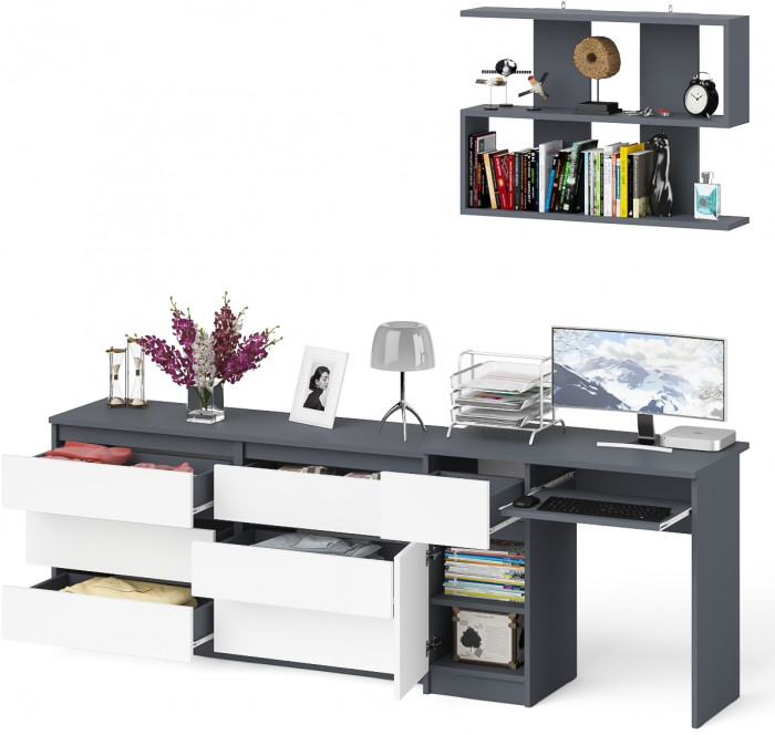 Мори компьютерный стол МС-1 левый + Комод МК1380.6 + Полка 900, графит/белый