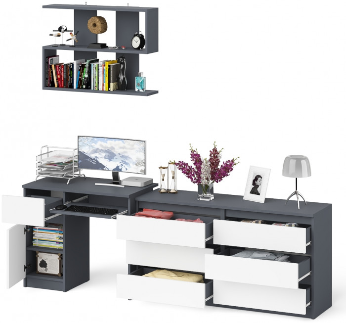 Мори компьютерный стол МС-1 левый + Комод МК1380.6 + Полка 900, графит/белый