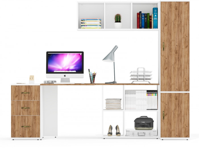 Лидер-8 Стол + Полка + Тумба МД 3.16 + Пенал МД 23Б, цвет белый шагрень/крафт золото, ШхГхВ 245х50/37,5х75/190 или 155х120/50х75/190 см., НЕ ун. сб.