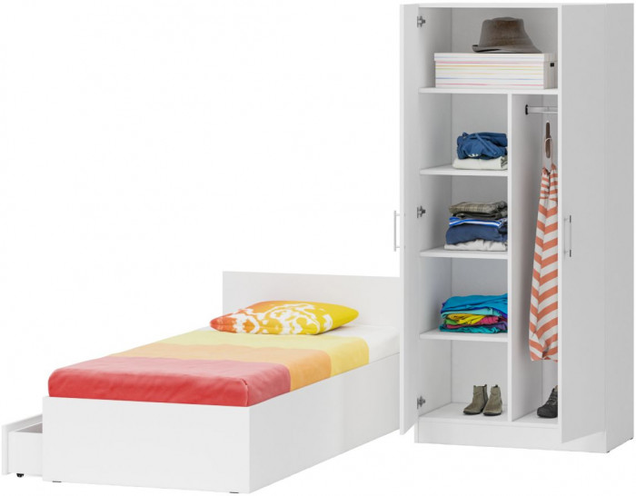 Кровать с ящиками 0900 + Шкаф 2-х створчатый Стандарт, белый