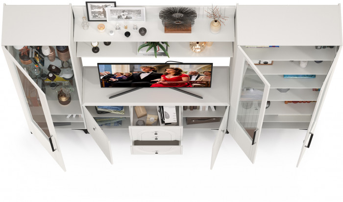 Валенсия Гостиная № 099, цвет ЛДСП белый шагрень/МДФ белый шагрень, ШхГхВ 272,3х38,4х225,2 см., ниша для ТВ 133х38х90 см., универсальная сборка