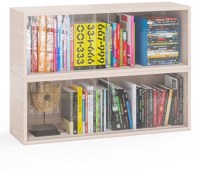 Две полки книжных С-МД-КН01, цвет ясень шимо светлый, размер каждой полки в отдельности: ШхГхВ 83х25х30 см., стеклянные дверцы