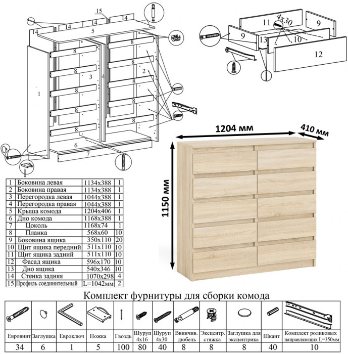 Мори Комод МК1200.10, цвет дуб сонома, ШхГхВ 120,4х41х115 см.