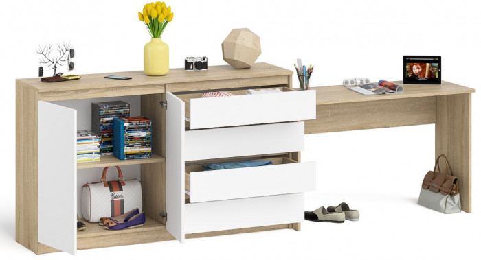 Мори Стол письменный МСП1200.1 + Комод МК1600.1, цвет дуб сонома/белый, ШхГхВ 280,8х50х94 см., универсальная сборка