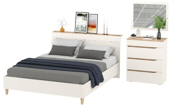 Муссон Кровать 11.41 + ортопед + Комод 13.97 + Зеркало СВК, цвет белый/дуб эндгрейн элегантный, сп. м. 1600х2000 мм., б/м