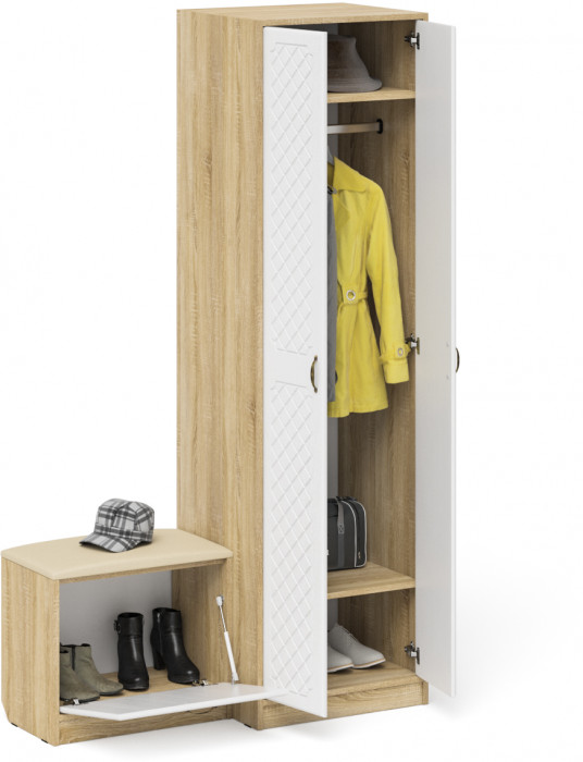 Прихожая П-6 Компоновка № 10, цвет дуб сонома/фасады МДФ белое дерево фрезеровка ромб, ШхГхВ 120х50х210 см., универсальная сборка