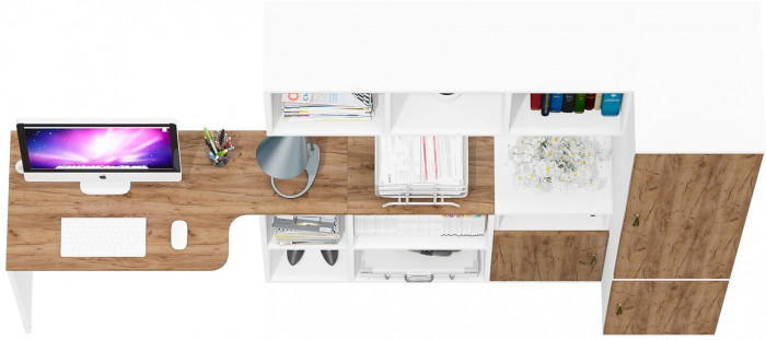 Лидер-8 Стол + Полка + Тумба МД 3.19 + Пенал МД 23Б, белый шагрень/крафт золото