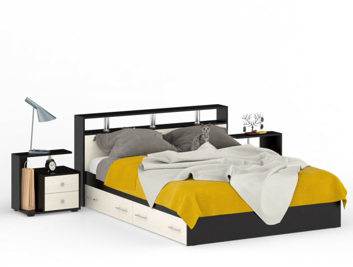 Камелия Кровать с ящиками 1600 + две тумбы, венге/дуб лоредо