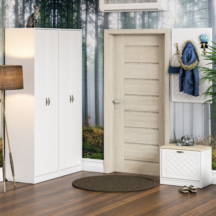 Прихожая П-6 Шкаф + Шкаф, цвет белая шагрень/фасады МДФ белое дерево фрезеровка ромб, ШхГхВ 120х50х210 см.