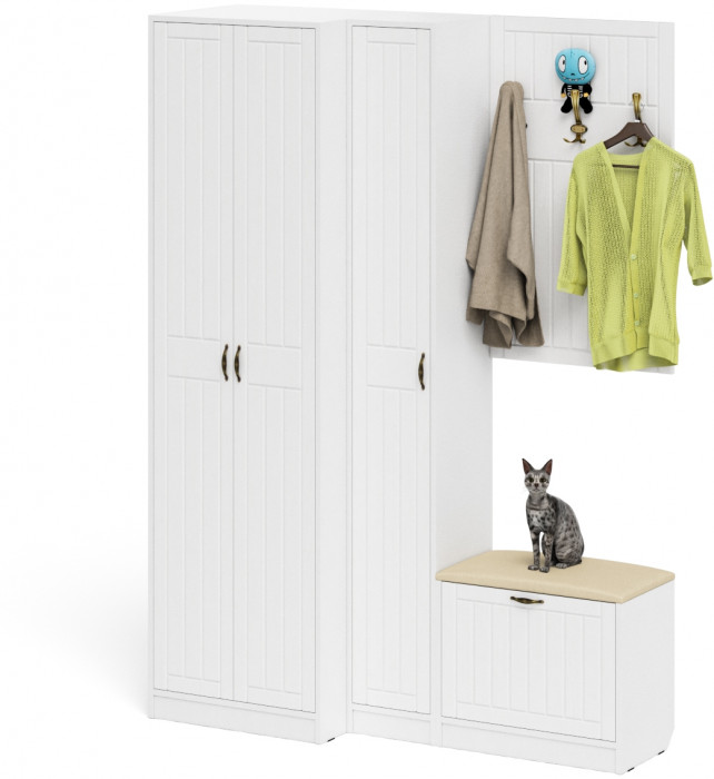 Прихожая П-6 Компоновка № 27, белая шагрень/фасады МДФ белое дерево фрезеровка прованс