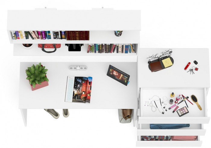 Мори Стол письменный МСП1200.1 + Комод МК700.5 + Полка 1200, цвет белый, ШхГхВ 190,8х50х209,6 см., универсальная сборка